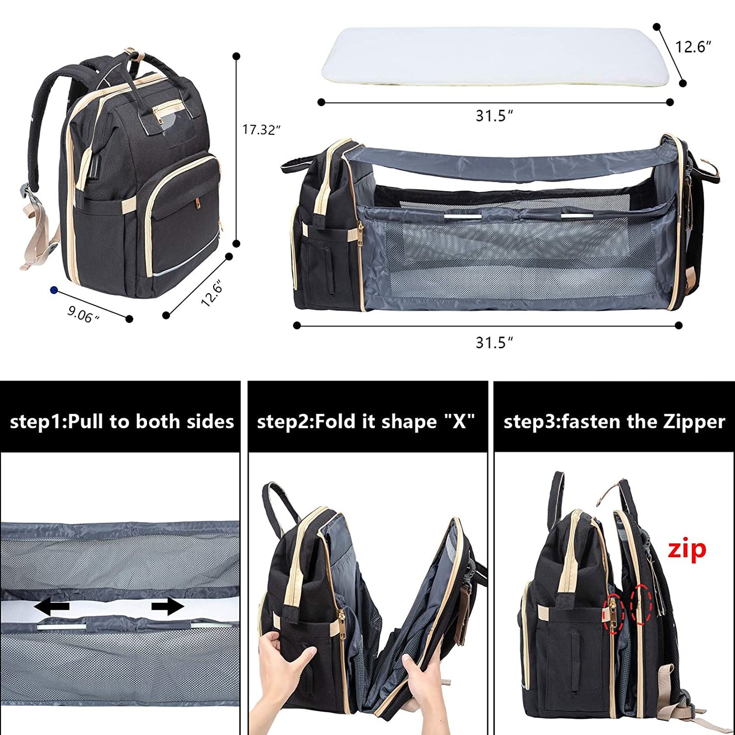 4-in-1 Backpack- Crib, Diaper Bag, Sun Shade & USB Integration