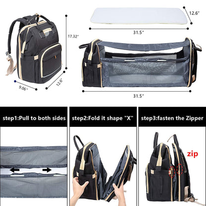 4-in-1 Backpack- Crib, Diaper Bag, Sun Shade & USB Integration